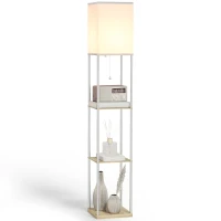 HOMCOM Modern Floor Lamp with Shelves, 3 Layer Shelf Tall Standing Lamp with Fabric Lampshade, Pull Chain Switch for Living Room, Bedroom, Bulb not Included, White(m-10)