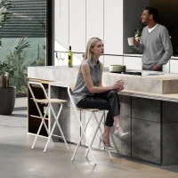 HOMCOM Lot de 2 tabourets de bar pliables avec dossier et repose-pieds, cadre en acier, 87 cm de haut, effet bois naturel(m-8)