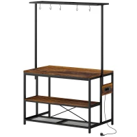 HOMCOM Estante de Cozinha com Tomada de Corrente Estilo Industrial com Prateleiras Ganchos Móvel Auxiliar 116x70x182 cm Marrom Rústico(m-1)