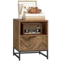 HOMCOM Bedside Table with Drawer and Shelf, Side End Table with Steel Legs for Living Room, Bedroom, Brown Wood Effect(m-10)