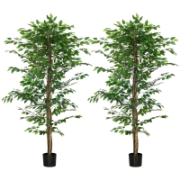 HOMCOM Lot de 2 plantes artificielles ficus hauteur 1,80 m tronc branches liane lichen feuilles grand réalisme pot inclus vert