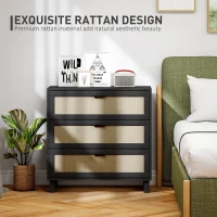 HOMCOM Rattan Bedroom Chest of Drawers, 3 Drawers Storage Unit, Boho Dresser for Living Room, Hallway, Black(m-4)