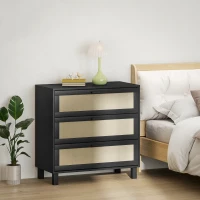 HOMCOM Rattan Bedroom Chest of Drawers, 3 Drawers Storage Unit, Boho Dresser for Living Room, Hallway, Black(m-7)