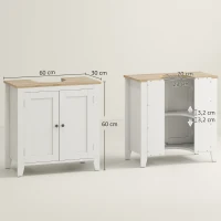 kleankin Waschbeckenunterschrank Badezimmerschrank Unterschrank Schrank mit verstellbarem Regal Weiß+Natur 60 x 30 x 60 cm(m-3)