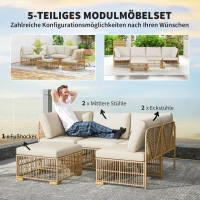 Outsunny 5-teiliges Gartenmöbelset, 2 Eckstühle, 2 Mittelstühle, Fußhocker, Sitzkissen, Rückenkissen, Hellbraun+Cremeweiß(m-4)