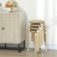HOMCOM Juego de 4 Taburetes Redondos de Madera Apilables con Asiento Acolchado para Cocina Comedor Dormitorio Caqui(m-8)