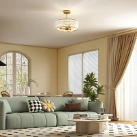 HOMCOM Plafondlamp, Kronleuchter-Design, Kristallen kap, 3 lampen, Metaal, Goudkleurig(m-2)