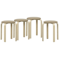 HOMCOM Juego de 4 Taburetes Redondos de Madera Apilables con Asiento Acolchado para Cocina Comedor Dormitorio Caqui