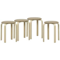 HOMCOM Juego de 4 Taburetes Redondos de Madera Apilables con Asiento Acolchado para Cocina Comedor Dormitorio Caqui(m-1)