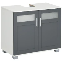 kleankin Mueble para Debajo del Lavabo Armario de Baño Bajo Lavabo con 2 Puertas de Vidrio Templado 69x35x59 cm Blanco y Gris(m-1)