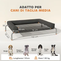 PawHut Lettino per Cani Rialzato di 19.5 cm con Cuscino a U, in Poliestere e Acciaio, 110x75x30 cm, Nero e Argento(m-3)