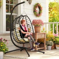 Outsunny Rattan Hanging Egg Chair, Foldable Wicker Hammock Swing Chair with Cushion, Stand, Adjustable Height, Head Pillow, Steel Frame for Garden Patio Indoor Outdoor, Cream White(m-9)