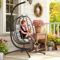 Outsunny Rattan Hanging Egg Chair, Foldable Wicker Hammock Swing Chair with Cushion, Stand, Adjustable Height, Head Pillow, Steel Frame for Garden Patio Indoor Outdoor, Light Grey(m-9)