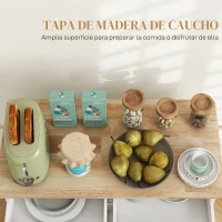 HOMCOM Isla de Cocina con Encimera de Madera de Caucho con Cajones Armarios y Ruedas con Freno 111x44,5x90,5 cm Blanco y Roble(m-5)