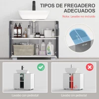 kleankin Mueble para Debajo del Lavabo Armario de Baño Bajo Lavabo con 2 Puertas de Vidrio Templado 69x35x59 cm Blanco y Gris(m-4)