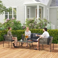 Outsunny 4-teiliges Gartenmöbel-Set, 1 Sofa, 2 Sessel, 1 Tisch mit Glasplatte, Kissen, Stahlrahmen, Kunststoff-Rattan, Grau(m-9)