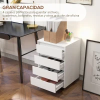 HOMCOM Cajonera de Oficina con 4 Cajones Cajonera de Escritorio con Ruedas para Estudio 46x40x65 cm Blanco(m-4)