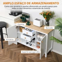 HOMCOM Aparador de Cozinha com 2 Gavetas 2 Armários com Prateleiras Ajustáveis e Suporte para 9 Garrafas 110x35x75 cm Branco e Madeira(m-4)
