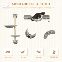 PawHut Juego de Escalada para Gatos de 4 Piezas Montado en la Pared con Hamaca Plataformas y Rascadores de Sisal Gris(m-4)