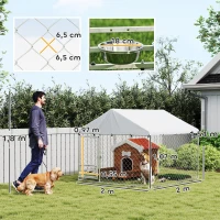 PawHut Canil Exterior com Toldo 2x2x1,54 m Gaiola para Cães em Aço Galvanizado com Suporte para Comida Giratório e Ajustável Prata(m-3)