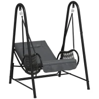 Outsunny Rattan Swing Chair, Outdoor Garden Hanging Swing Seat with Stand and Seat Cushion, Porch Hanging Chair for Balcony, Garden, Deck, Dark Grey(m-1)