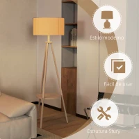 HOMCOM Candeeiro de Pé com Tripé com Estrutura em Madeira e Ecrã Similar ao Linho com Prateleira 48x48x153 cm Madeira e Cinzento(m-5)