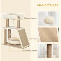 PawHut Mini Rascador para Gatos con Postes de Yute Plataforma en U Cama de Felpa y Juguetes Colgantes 60x30x76 cm Marrón Claro(m-6)
