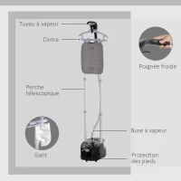 HOMCOM Défroisseur vapeur vertical 1950 W 32g/min, réservoir d'eau 2 L, tige télescopique, 11 températures réglables, noir(m-8)