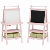 AIYAPLAY 3 in 1 Kids Easel Double-Sided Magnetic Whiteboard and Chalkboard with Paper Roll, Storage Baskets - Pink(m-1)