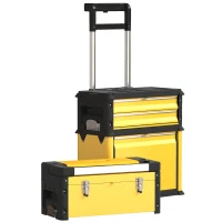 HOMCOM Caixa de Ferramentas Empilhável 3 em 1 Caixa de Ferramentas com Rodas Carro de Ferramentas de Aço  52x32x72 cm Amarelo e Preto(m-11)