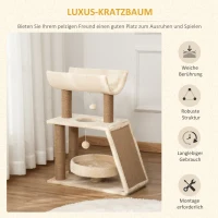 PawHut Kratzbaum Katzenbaum, inkl. Spielzeug und Katzenbett, 60 cm x 30 cm x 76 cm, Creme + Natur(m-4)