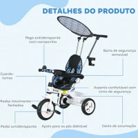HOMCOM Triciclo para Bebés 2 em 1 Triciclo Evolutivo para Crianças com Toldo Dobrável e Guiador Telescópico 105x47x98 cm Branco(m-7)