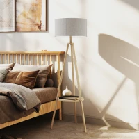 HOMCOM Lámpara de Pie Tipo Trípode con Estructura de Madera Natural y Pantalla de Tela Gris con Estante Integrado 48x48x153 cm(m-7)