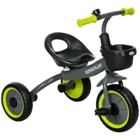 AIYAPLAY Triciclo para Crianças de 2 a 5 anos com Assento Ajustável Cesta Buzina e Pedais e 3 Rodas 70,5x53x58 cm Cinza e Verde(m-10)