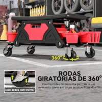 HOMCOM Banco de Trabalho Giratório com Rodas Altura Ajustável Banco Mecânico com 2 Bandejas para Ferramentas e Gaveta 86x33x33 cm Vermelho(m-6)