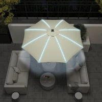 Outsunny Chapéu de Sol de Jardim com Luzes LED Ø300x256 cm Manivela  Proteção UV50+ e Mastro de Alumínio Creme(m-9)