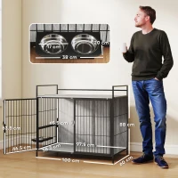 PawHut Large Dog Crate Furniture with Rotating Bowl Holder, 2 Bowls, 2 Doors, for Large Dogs, 100 x 60 x 88 cm, Grey(m-3)