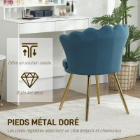 HOMCOM Fauteuil coquillage chaise coiffeuse fauteuil en velours fauteuil de salon avec pieds en métal doré bleu(m-4)
