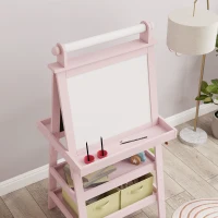 AIYAPLAY Cavalete de Pintura Infantil 3 em 1 Quadro Dupla Face com Rolo de Papel e Cestos de Arrumação Rosa(m-9)