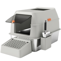 PawHut Arenero para Gatos Cubierto de Acero Inoxidable con Paso de Salida y Pala de Acero Inoxidable Gris Claro