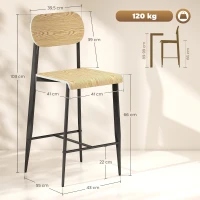 HOMCOM Set van 2 Barkrukken, Barstoelen met Rugleuning en Metalen Frame, Hout, Lichtbruin(m-3)