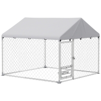 PawHut Canil Exterior com Toldo 2x2x1,54 m Gaiola para Cães em Aço Galvanizado com Suporte para Comida Giratório e Ajustável Prata