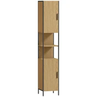 HOMCOM Tall Bathroom Cabinet with 2 Doors, Open Compartments and Adjustable Shelves - Natural Wood Finish(m-1)