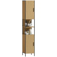 HOMCOM Tall Bathroom Cabinet with 2 Doors, Open Compartments and Adjustable Shelves - Natural Wood Finish(m-10)