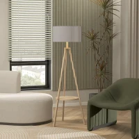 HOMCOM Lámpara de Pie Tipo Trípode con Estructura de Madera Natural y Pantalla de Tela Gris con Estante Integrado 48x48x153 cm(m-9)