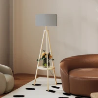 HOMCOM Lámpara de Pie Tipo Trípode con Estructura de Madera Natural y Pantalla de Tela Gris con Estante Integrado 48x48x153 cm(m-8)