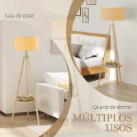 HOMCOM Candeeiro de Pé com Tripé com Estrutura em Madeira e Ecrã Similar ao Linho com Prateleira 48x48x153 cm Madeira e Cinzento(m-6)