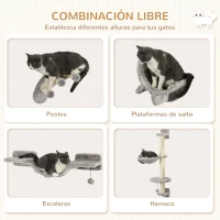 PawHut Juego de Escalada para Gatos de 4 Piezas Montado en la Pared con Hamaca Plataformas y Rascadores de Sisal Gris(m-5)