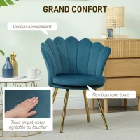 HOMCOM Fauteuil coquillage chaise coiffeuse fauteuil en velours fauteuil de salon avec pieds en métal doré bleu(m-6)