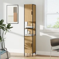 HOMCOM Tall Bathroom Cabinet with 2 Doors, Open Compartments and Adjustable Shelves - Natural Wood Finish(m-9)